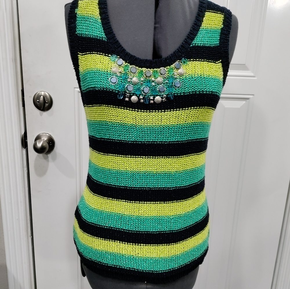 Ruby Rd. blue green striped cable knit tank style sweater size Large Pet…